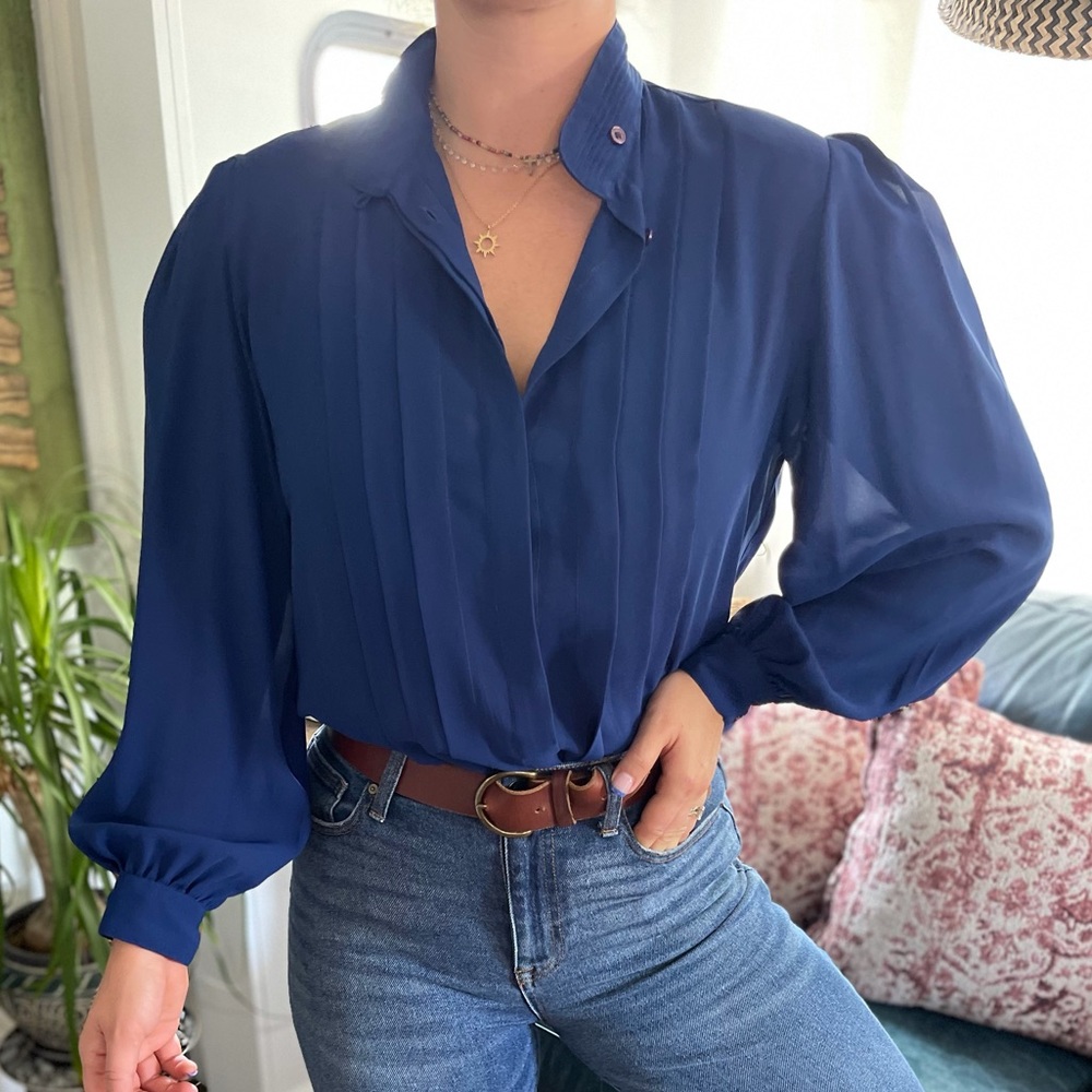 VTG 80s Marlis Royal Blue Pleated Blouse Top L